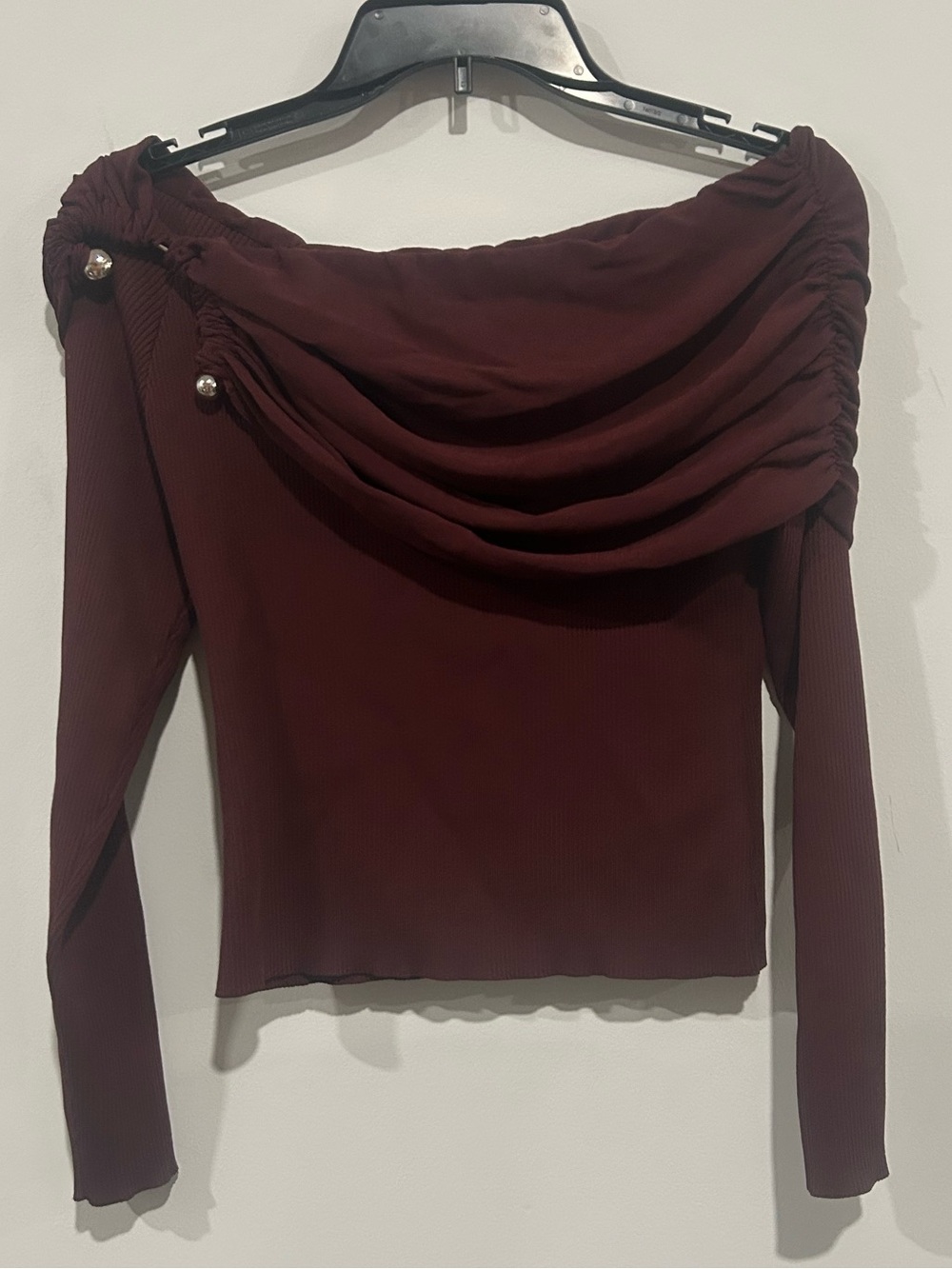 Commense Off-Shoulder Draped Long Sleeve Top - Burgundy